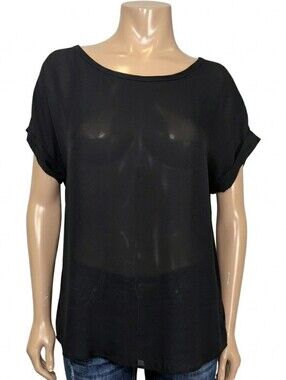PLEIONE Black Mixed Media Pleated Back Blouse Cuffed Short Sleeve Size Medium
